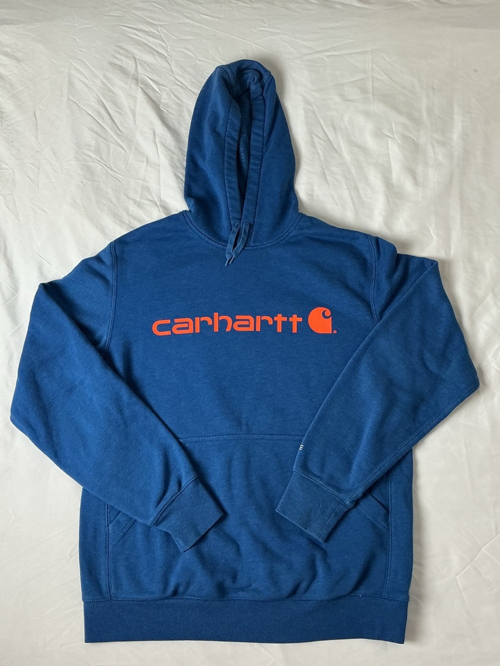 Carhartt Blue Pullover Hoodie with Orange Logo